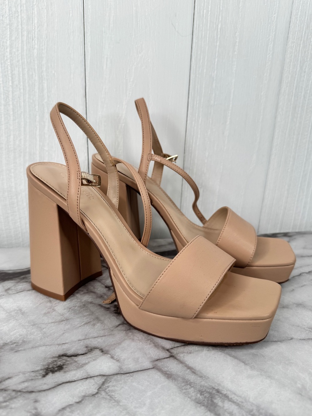 Open Edit Neutral Tan Platform Block Heel Slingback Sandals 8.5